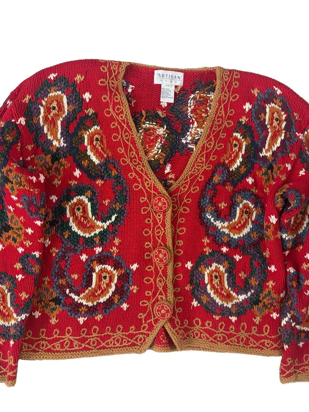 Vintage 90s Paisley Knit Cardigan Woman’s Sweater M Red Acrylic Bohemian Bird